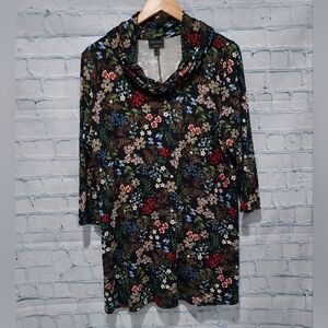 J Jill Wearever Large Tunic Top Black Floral Cowl Neck 3/4 Sleeve Quite Luxury